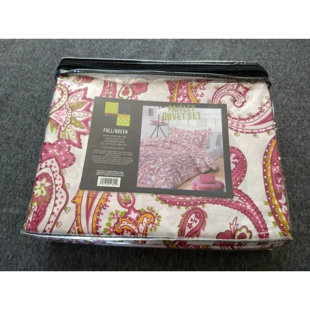Attitude Paisley Duvet Cover & Shams Set Full‎ Queen 100% Cotton Pink White NIP